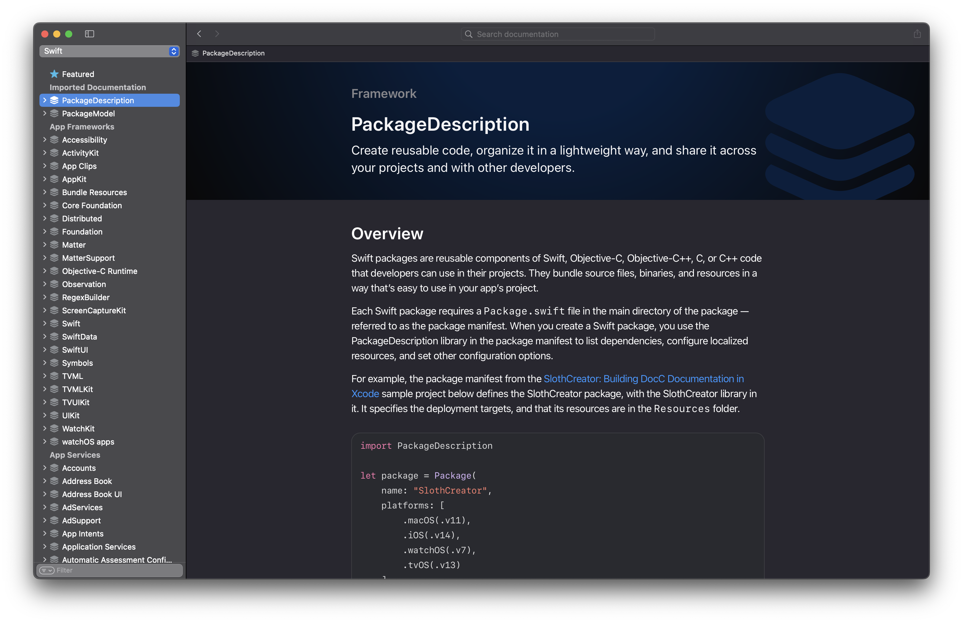 Xcode documentation viewer with PackageDescription